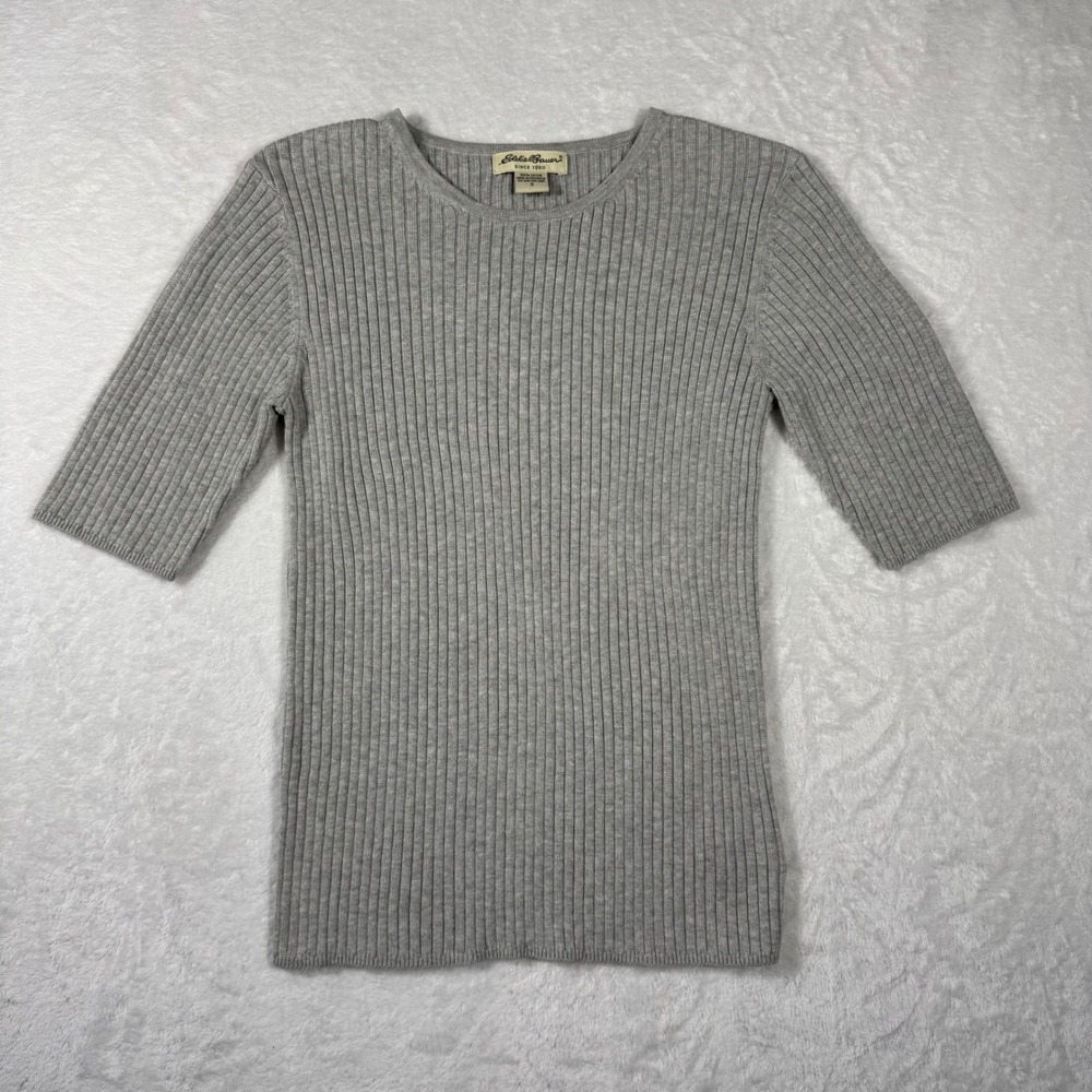 Eddie Bauer Womens Gray Ribbed Knit Short Sleeve Cotton Sweater Top Size S